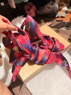 Christian Louboutin Red & Purple Floral Satin Wrap Heels